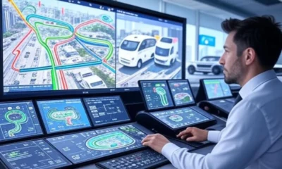 AI-powered fleet management, featuring real-time vehicle tracking, predictive maintenance alerts, dynamic route optimization, driver safety monitoring, fuel management tracking, compliance automation, and integrated analytics dashboards.