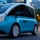 AI-powered last-mile delivery in across the US featuring an autonomous car and drone optimizing routes in an urban setting with smart technology.