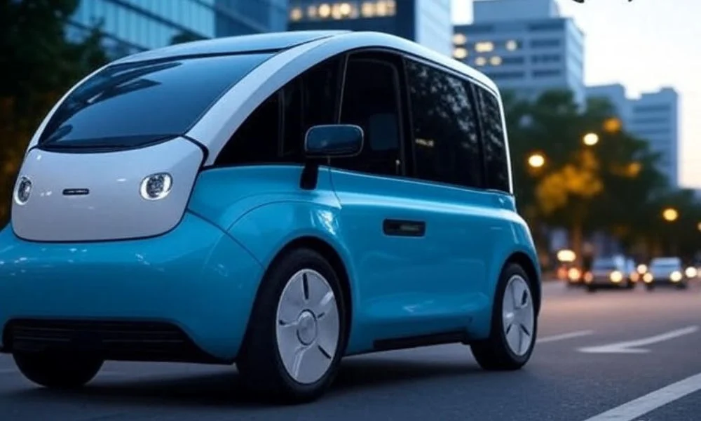 AI-powered last-mile delivery in across the US featuring an autonomous car and drone optimizing routes in an urban setting with smart technology.