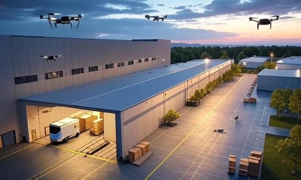 AI-driven logistics in across the US featuring autonomous delivery vehicles and drones optimizing routes in a modern urban setting.