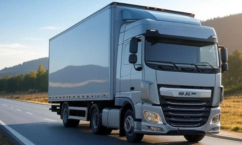 A modern delivery truck driving on a clear road with mountains and greenery in the background, representing AI-optimized logistics for efficient and safe deliveries.