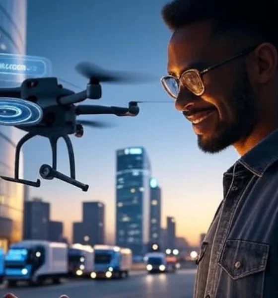 A futuristic cityscape featuring delivery drones and smart trucks, with a person interacting with a digital interface displaying real-time logistics updates, personalized delivery options, and customer satisfaction metrics, highlighting AI-driven logistics innovation.