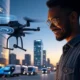 A futuristic cityscape featuring delivery drones and smart trucks, with a person interacting with a digital interface displaying real-time logistics updates, personalized delivery options, and customer satisfaction metrics, highlighting AI-driven logistics innovation.