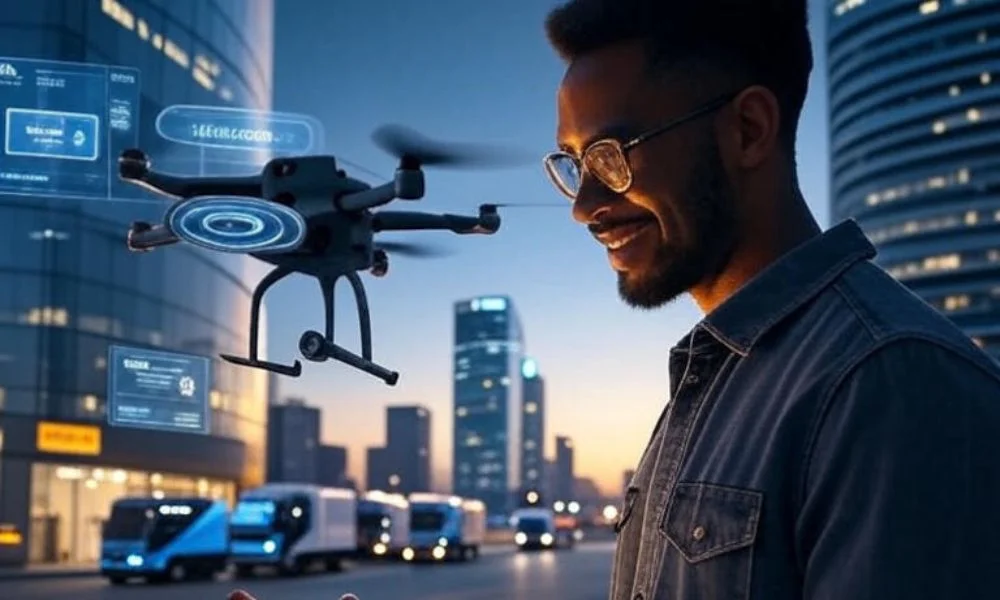 A futuristic cityscape featuring delivery drones and smart trucks, with a person interacting with a digital interface displaying real-time logistics updates, personalized delivery options, and customer satisfaction metrics, highlighting AI-driven logistics innovation.