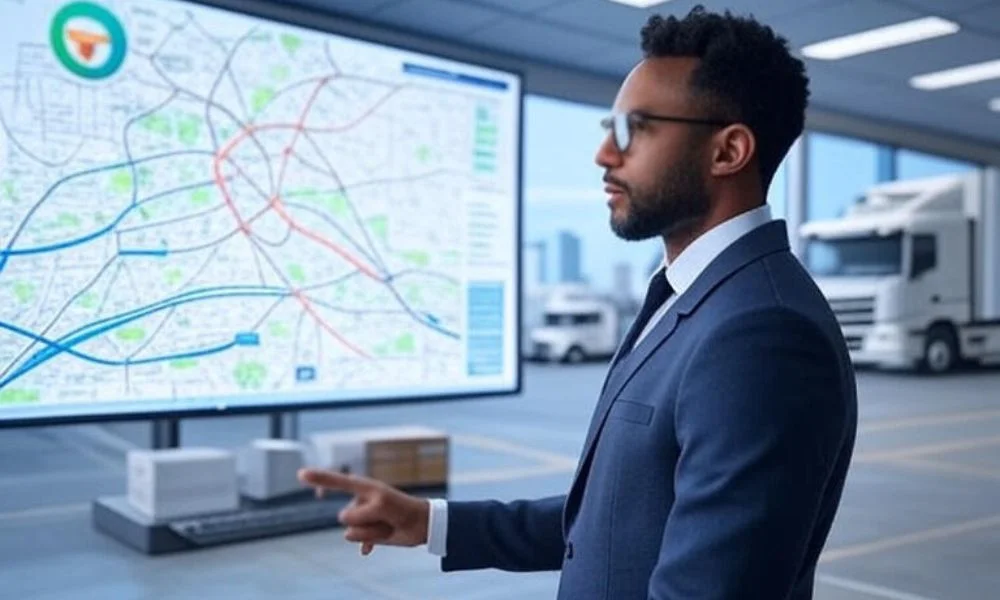 A logistics manager in a suit analyzing AI-powered route optimization on a large digital map display, with trucks in the background, highlighting fuel efficiency and smart delivery planning in a modern warehouse.