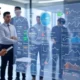 Modern warehouse showcasing AI logistics platforms like Samsara, Project44, and FourKites, with real-time delivery and tracking operations.