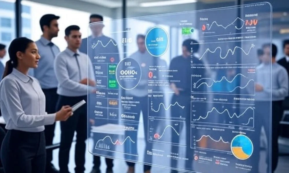 Modern warehouse showcasing AI logistics platforms like Samsara, Project44, and FourKites, with real-time delivery and tracking operations.