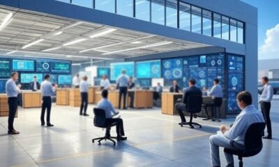 Using AI-powered dashboards to monitor real-time supply chain transparency, featuring large screens displaying logistics data, predictive planning, and dynamic tracking, contrasting with manual processes, under a clear sky with a futuristic aesthetic.