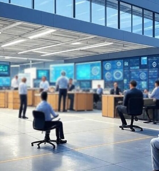 Using AI-powered dashboards to monitor real-time supply chain transparency, featuring large screens displaying logistics data, predictive planning, and dynamic tracking, contrasting with manual processes, under a clear sky with a futuristic aesthetic.