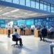 Using AI-powered dashboards to monitor real-time supply chain transparency, featuring large screens displaying logistics data, predictive planning, and dynamic tracking, contrasting with manual processes, under a clear sky with a futuristic aesthetic.
