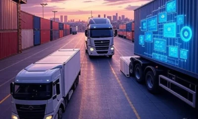 Trucks and warehouses at sunset, featuring AI dashboards and IoT sensors integrated into a shipping container, highlighting real-time shipment tracking technology.
