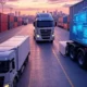 Trucks and warehouses at sunset, featuring AI dashboards and IoT sensors integrated into a shipping container, highlighting real-time shipment tracking technology.