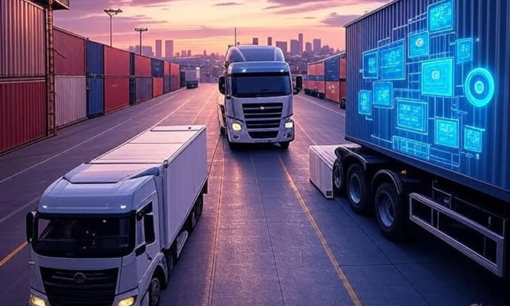 Trucks and warehouses at sunset, featuring AI dashboards and IoT sensors integrated into a shipping container, highlighting real-time shipment tracking technology.