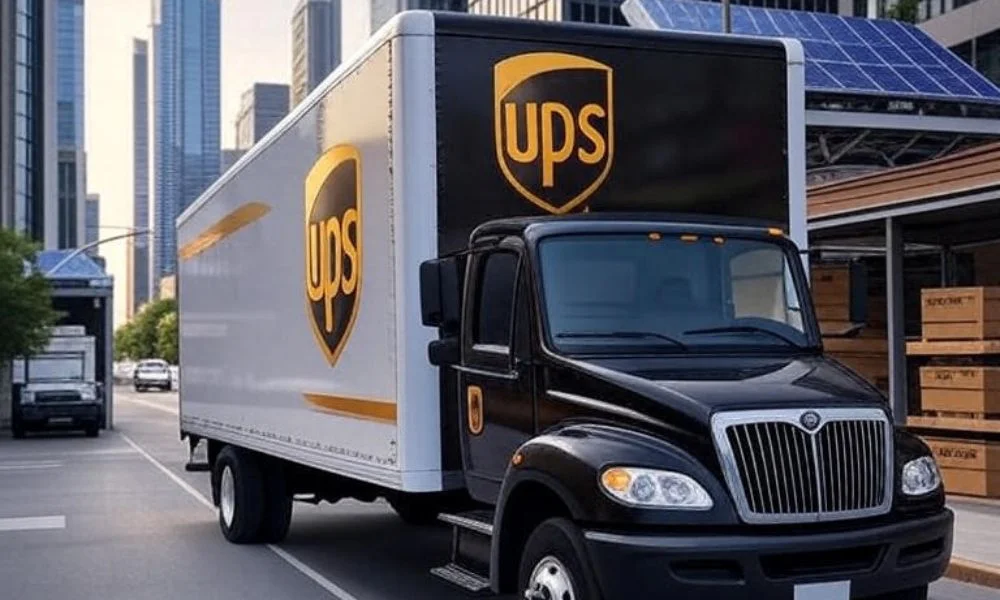 A futuristic UPS delivery truck optimized with AI technology for route optimization and warehouse automation, parked in a modern urban setting with robotic warehouse systems in the background, showcasing sustainable logistics practices.
