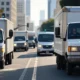 AI-optimized delivery trucks navigating through urban traffic in a U.S. city, showcasing real-time route adjustments for efficient logistics and timely deliveries.