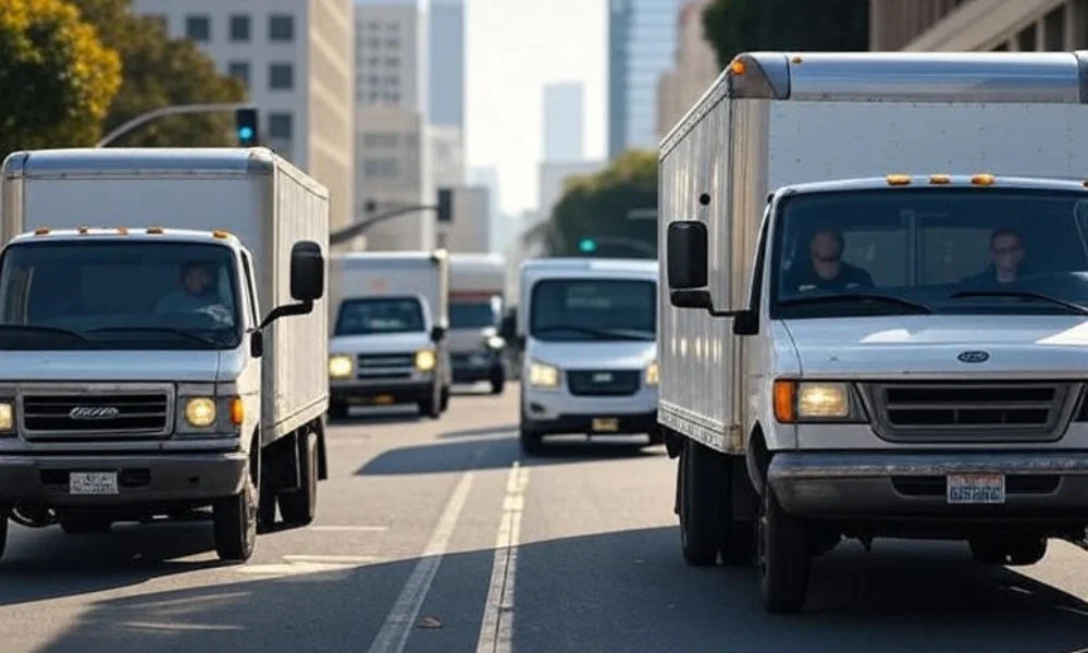 AI-optimized delivery trucks navigating through urban traffic in a U.S. city, showcasing real-time route adjustments for efficient logistics and timely deliveries.