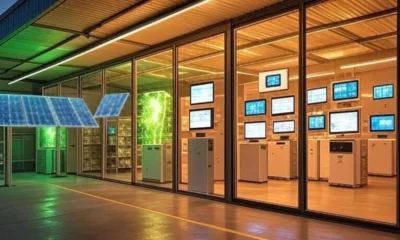 A high-tech green warehouse with AI-powered systems, featuring smart dashboards, solar panels, and efficient lighting, optimizing supply chain operations and reducing carbon emissions in a U.S. business environment.