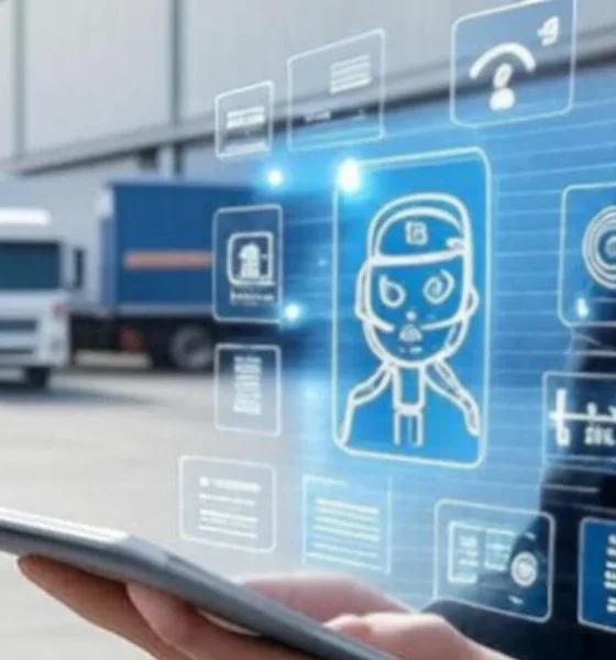 Young woman holding a tablet screen with real-time order tracking powered by AI in supply chain logistics.