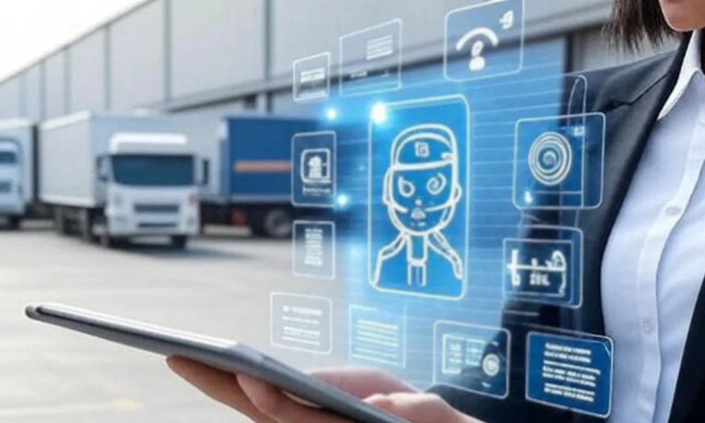 Young woman holding a tablet screen with real-time order tracking powered by AI in supply chain logistics.