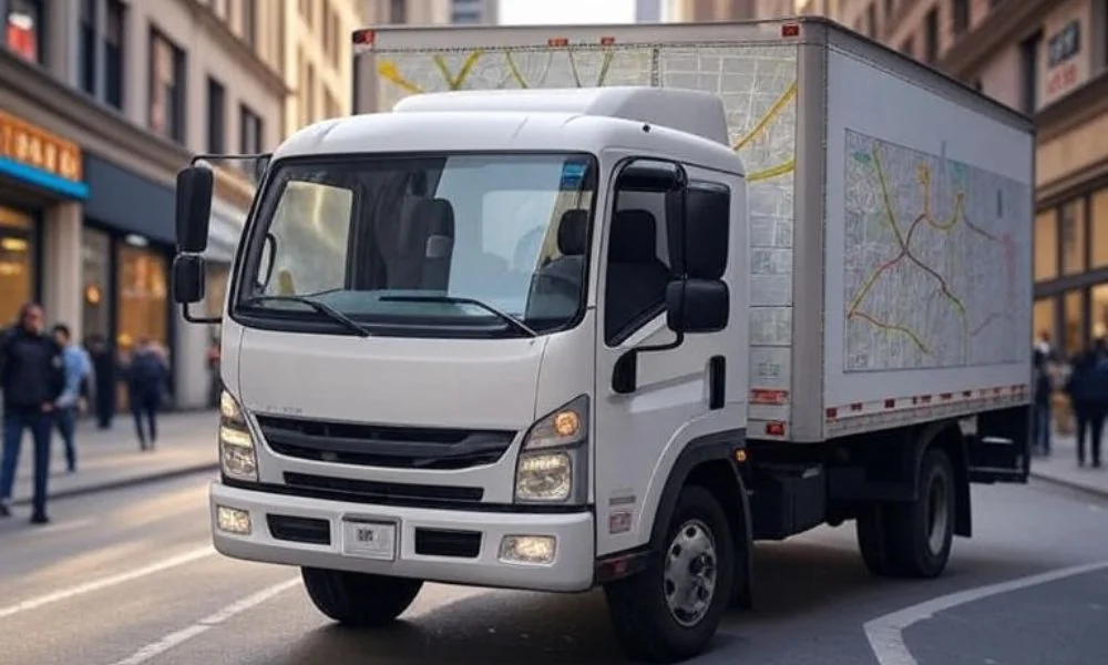 A white delivery truck parked on a city street with a detailed map featuring optimized routes displayed on its side, illustrating AI-powered route optimization for urban logistics and delivery management.