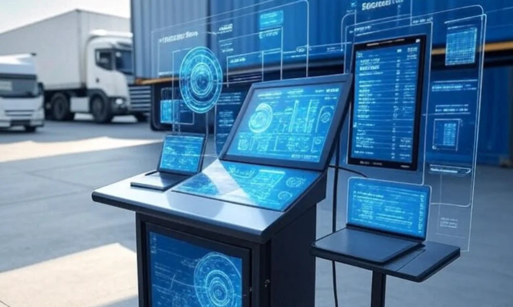 Modern logistics control room with AI-driven supply chain monitoring, featuring holographic displays, digital overlays, and real-time data tracking of goods and delivery routes.