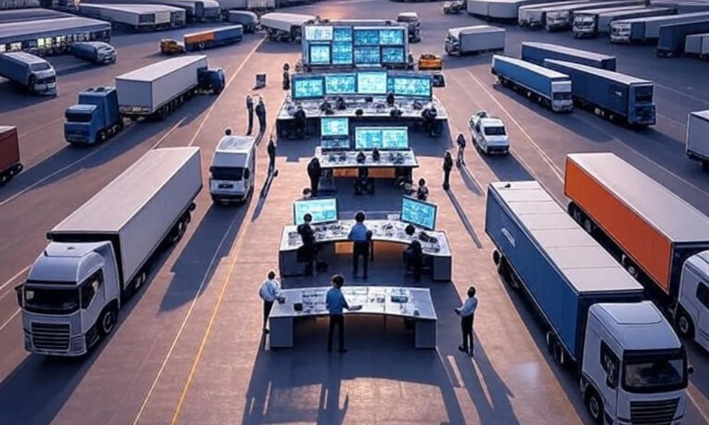 A group of logistics workers collaborating with digital tablets in a modern supply chain hub, surrounded by warehouses and trucks, showcasing AI-driven optimization and efficient operations in the United States.