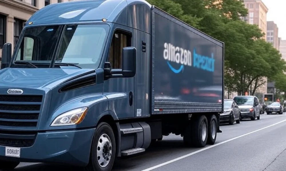 Amazon AI-powered delivery trucks optimizing routes across diverse U.S. terrains, including cities, suburbs, and rural areas, showcasing efficient logistics with real-time data processing and innovative technology.