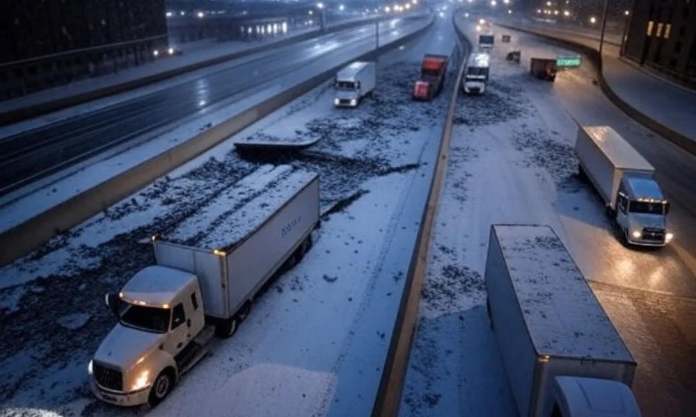 Delivery trucks stranded on a snow-covered highway in Chicago during a severe snowstorm, highlighting logistical challenges and delayed deliveries.