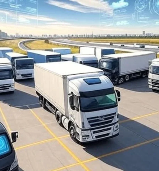 A bustling logistics hub featuring delivery trucks integrated with machine learning for accurate ETA predictions, surrounded by real-time GPS tracking, traffic data visualizations, and weather condition indicators, with a dynamic city skyline and rural highways in the background under a clear sky.