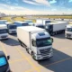 A bustling logistics hub featuring delivery trucks integrated with machine learning for accurate ETA predictions, surrounded by real-time GPS tracking, traffic data visualizations, and weather condition indicators, with a dynamic city skyline and rural highways in the background under a clear sky.