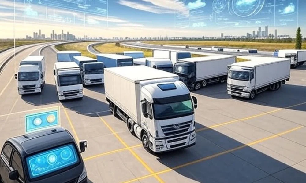 A bustling logistics hub featuring delivery trucks integrated with machine learning for accurate ETA predictions, surrounded by real-time GPS tracking, traffic data visualizations, and weather condition indicators, with a dynamic city skyline and rural highways in the background under a clear sky.