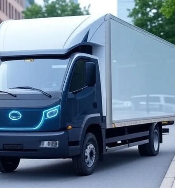 An electric delivery truck parked at a modern charging station with AI route planning technology, optimizing battery-friendly routes and reducing range anxiety for U.S. logistics fleets.