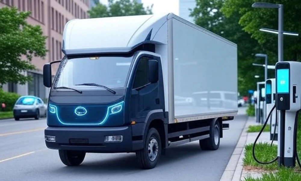 An electric delivery truck parked at a modern charging station with AI route planning technology, optimizing battery-friendly routes and reducing range anxiety for U.S. logistics fleets.