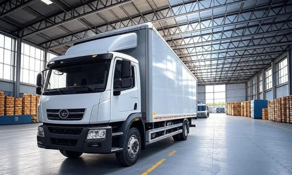 A modern fuel-efficient delivery truck with solar panels parked inside a spacious warehouse, showcasing energy-efficient lighting and equipment, symbolizing cost savings and sustainability in business operations.
