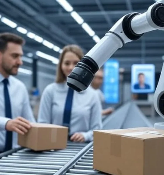 A modern warehouse with workers standing near a delivery truck, surrounded by organized shelves of packages, showcasing an efficient AI-driven supply chain for real-time tracking and customer satisfaction.
