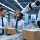 A modern warehouse with workers standing near a delivery truck, surrounded by organized shelves of packages, showcasing an efficient AI-driven supply chain for real-time tracking and customer satisfaction.