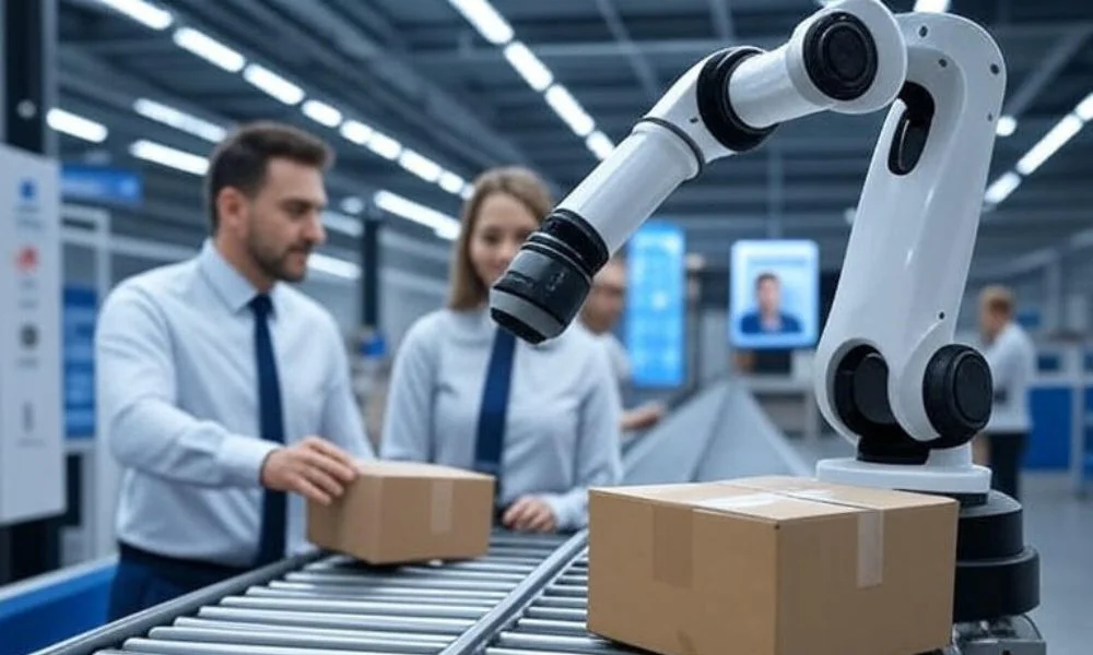 A modern warehouse with workers standing near a delivery truck, surrounded by organized shelves of packages, showcasing an efficient AI-driven supply chain for real-time tracking and customer satisfaction.