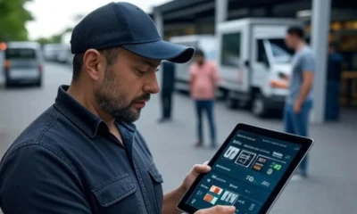 A small business owner using an AI logistics tracking system on a tablet, displaying real-time shipment tracking and route optimization, with delivery vehicles and staff in the background.