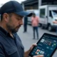 A small business owner using an AI logistics tracking system on a tablet, displaying real-time shipment tracking and route optimization, with delivery vehicles and staff in the background.