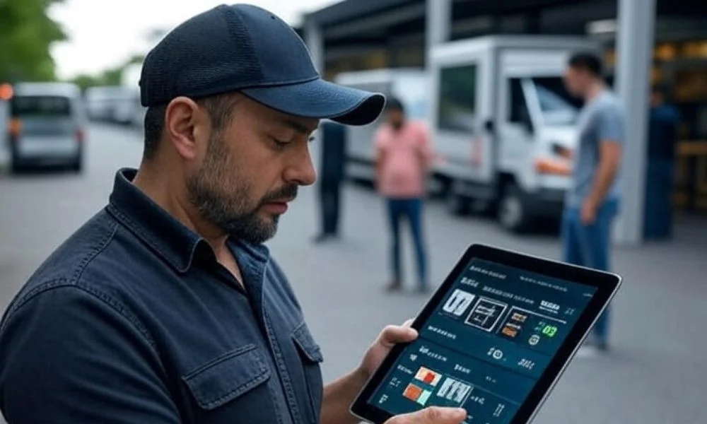 A small business owner using an AI logistics tracking system on a tablet, displaying real-time shipment tracking and route optimization, with delivery vehicles and staff in the background.