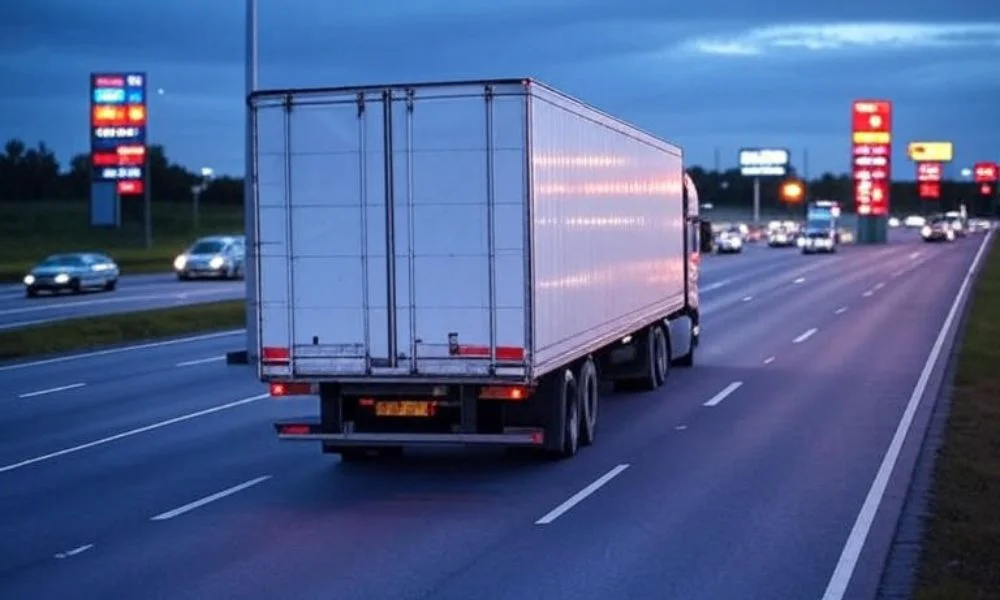 A truck on a highway at dusk with fuel price signs in the background, showcasing smart routing and optimized delivery routes to improve fuel efficiency and reduce costs in logistics.