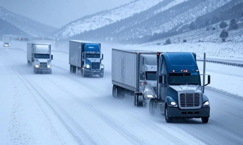 A snowy Colorado highway with multiple trucks navigating through a sudden snow burst, showcasing AI hazard prediction technology in action to ensure safe and timely logistics deliveries.