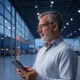 A modern warehouse showcasing supply chain transparency with predictive analytics, featuring neatly organized inventory, blue storage bins, and efficient logistics layout under bright lighting, emphasizing real-time data and risk management in supply chain operations.