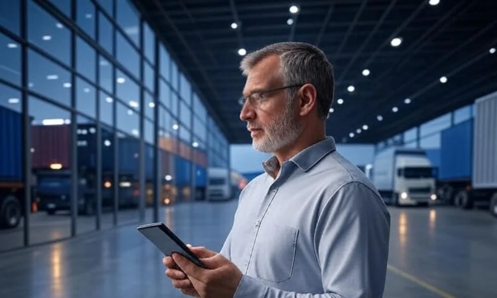 A modern warehouse showcasing supply chain transparency with predictive analytics, featuring neatly organized inventory, blue storage bins, and efficient logistics layout under bright lighting, emphasizing real-time data and risk management in supply chain operations.