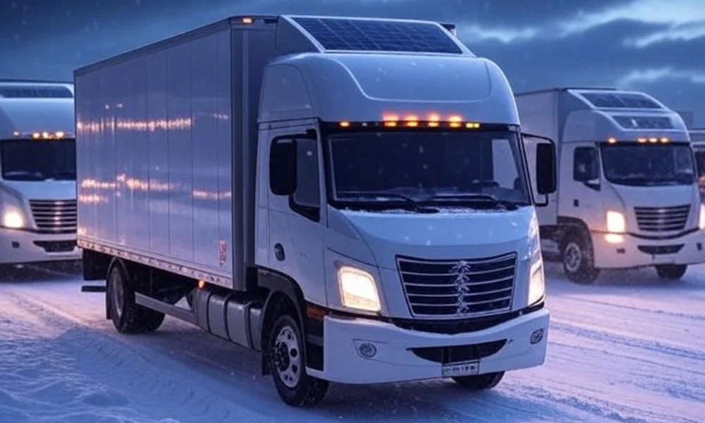 Truck driving on snowy mountain road in winter.