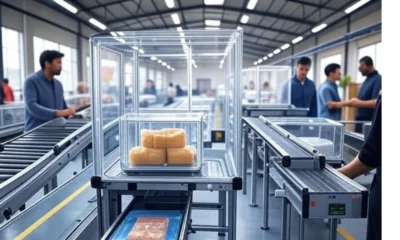 A high-quality landscape image showcasing an AI-automated reverse logistics process, featuring a streamlined conveyor system with transparent bins carrying returned packages, workers in a modern e-commerce warehouse, and efficient routing for sustainable returns in the United States, emphasizing customer convenience and trust in online shopping.