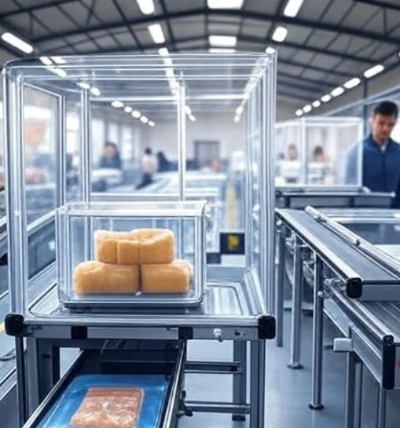 A high-quality landscape image showcasing an AI-automated reverse logistics process, featuring a streamlined conveyor system with transparent bins carrying returned packages, workers in a modern e-commerce warehouse, and efficient routing for sustainable returns in the United States, emphasizing customer convenience and trust in online shopping.