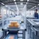 A high-quality landscape image showcasing an AI-automated reverse logistics process, featuring a streamlined conveyor system with transparent bins carrying returned packages, workers in a modern e-commerce warehouse, and efficient routing for sustainable returns in the United States, emphasizing customer convenience and trust in online shopping.
