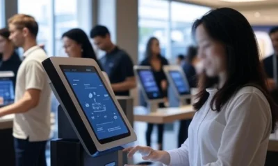 A customer using an AI-powered return kiosk in a modern retail store, with a digital interface analyzing return data, surrounded by other shoppers at similar kiosks.