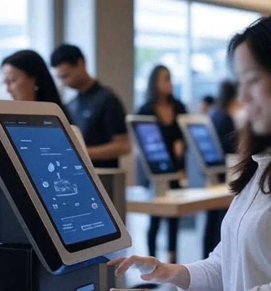 A customer using an AI-powered return kiosk in a modern retail store, with a digital interface analyzing return data, surrounded by other shoppers at similar kiosks.